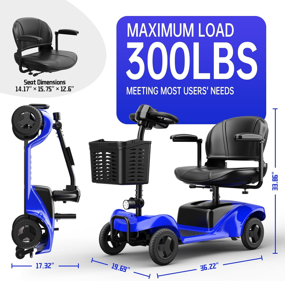 Mobility Scooter for Adults,4 Wheel Mobility Scooter,15 Miles Range,300W Battery