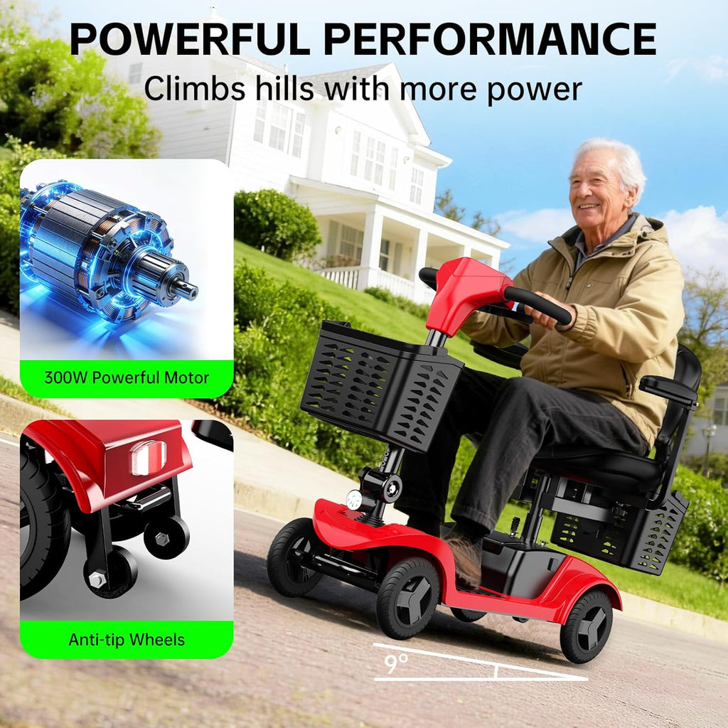 Mobility Scooter for Seniors,Motorized Scooter,Detachable Battery,Dual Baskets,Red