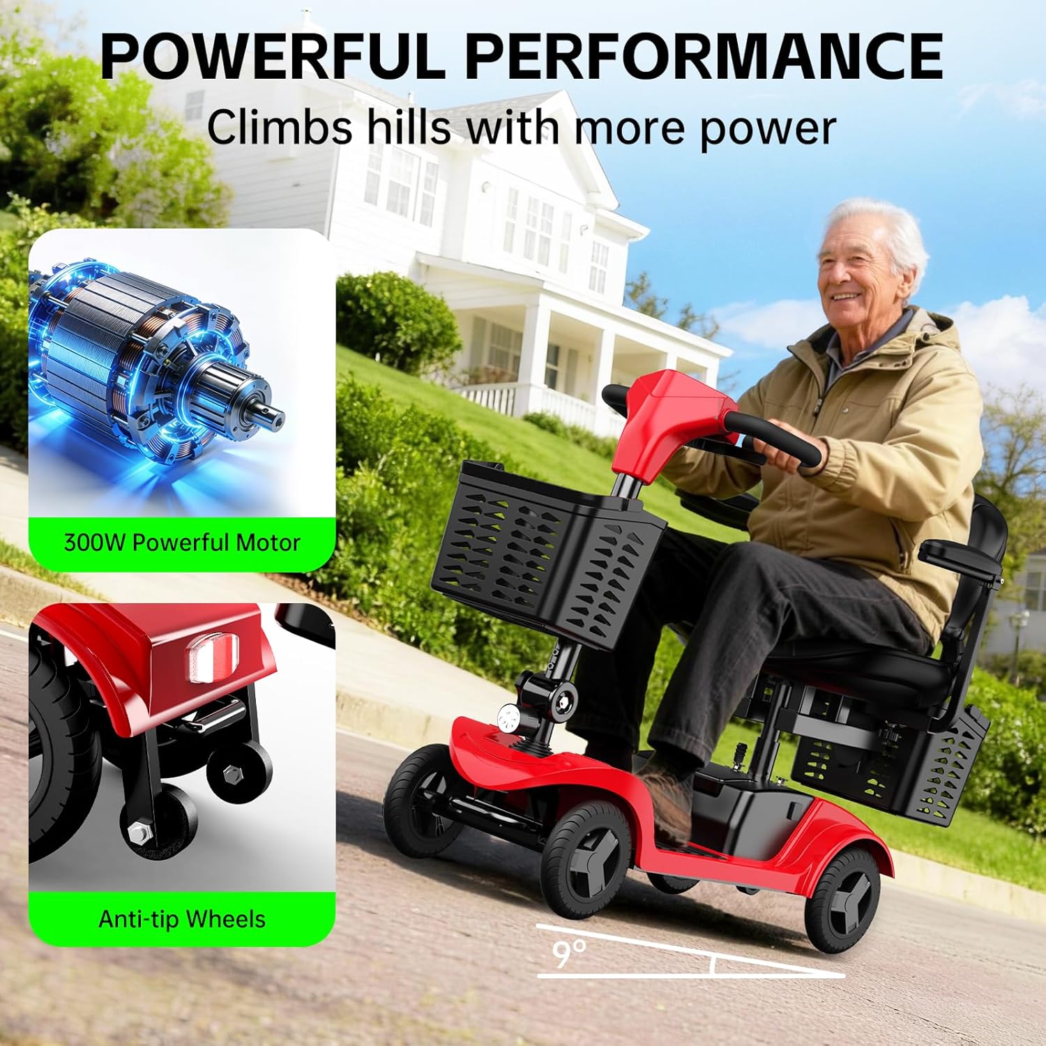 Mobility Scooter for Seniors,Motorized Scooter,Detachable Battery,Dual Baskets,Red